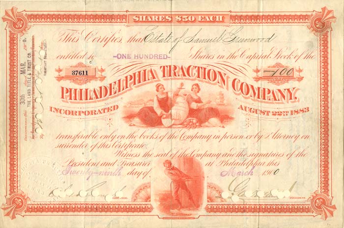 Philadelphia Traction Co. signed by George Dunton Widener - Stock Certificate